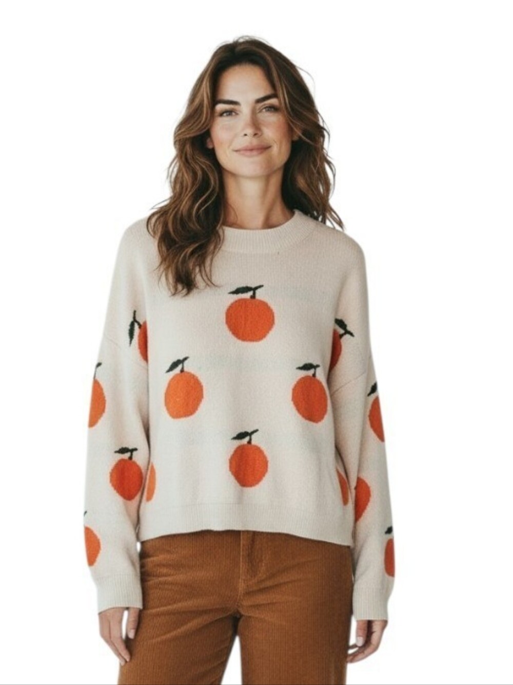 Moon & Madison Long Sleeve Crewneck Cream Sweater  Tangerine Print women's large